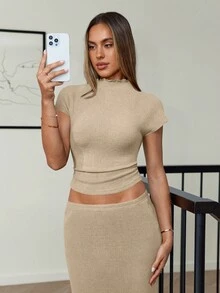 Siren Gaze Bộ 2 món áo thun tay ngắn cổ lọ tối giản mặc hàng ngày cho nữ - Màu be - Xem 4