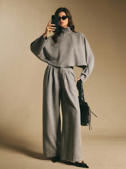 Poéselle Women's Casual Commuting Stand Collar Top And Pants Suit Set, Autumn Co Ords Sets Women Wide Leg Pants Set Jumper Suits Jumpsuits For Woman Wide Leg