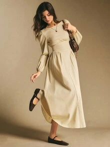 Poéselle Leinenkleid, Langarmkleid, Maxikleid, Damen-Maxikleid mit langen Ärmeln und Empire-Taille – Cottagecore-Präriekleid mit Puffärmeln, Cottagecore-Kleid, Präriekleid, Maxikleid mit Puffärmeln, Empire-Taille-Kleid, neutrale Ästhetik, langes Herbstkleid, Vintage-inspiriertes Kleid, einfarbiges Damenkleid mit Rundhalsausschnitt, Laternenärmeln und taillierter Taille, elegant, geeignet für den Alltag, zum Ausgehen, Pendeln, für den Urlaub, zu Hause und andere Anlässe, Herbst/Winter - Khaki - Übersicht 1