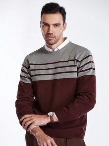 Manfinity CityGents Men's Casual Contrast Striped Crew Neck Long Sleeve Sweater, Autumn/Winter - Grey - View 3