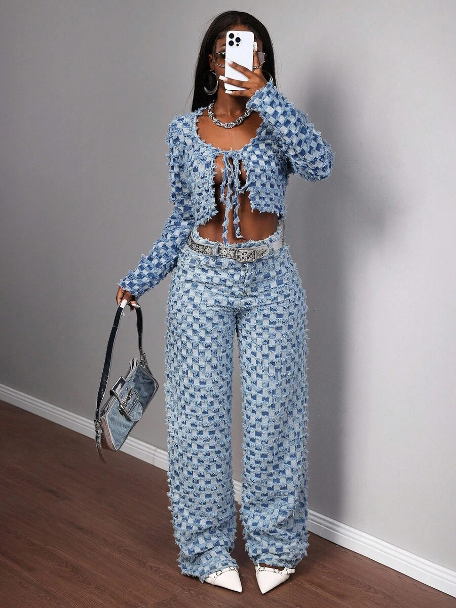 Slaydiva Women's Plaid Tie Cropped Denim Shirt Bow Tie Long Sleeve Cropped Top Textured Fabric Sexy Tops Vacation Tops Autumn Women's Clothing Light Blue Denim Top Outerwear - Medium Wash - View 1