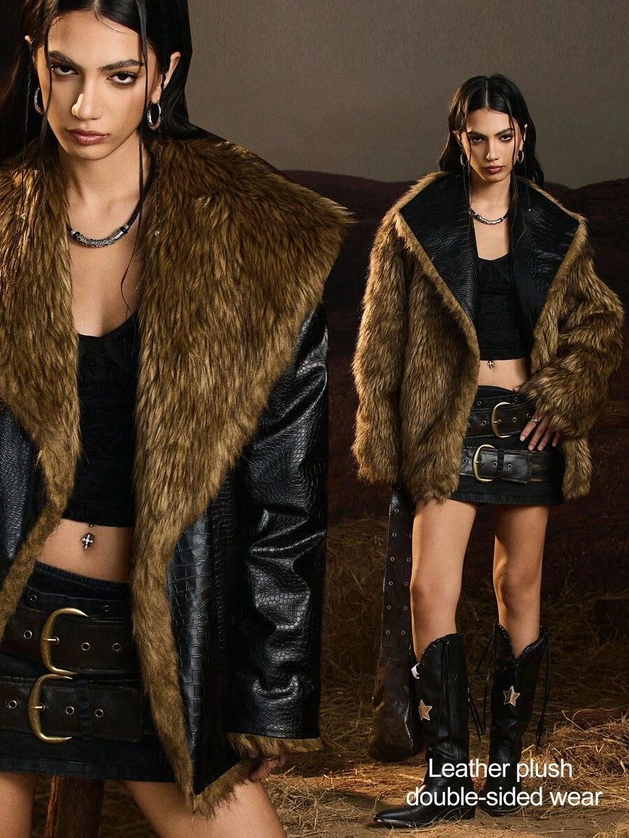 Easelle Women's Fashionable Retro Faux Fur Leather Jacket Reversible Women's Winter Coat Artificial Fur Provides Warmth And Comfort - Black - View 1