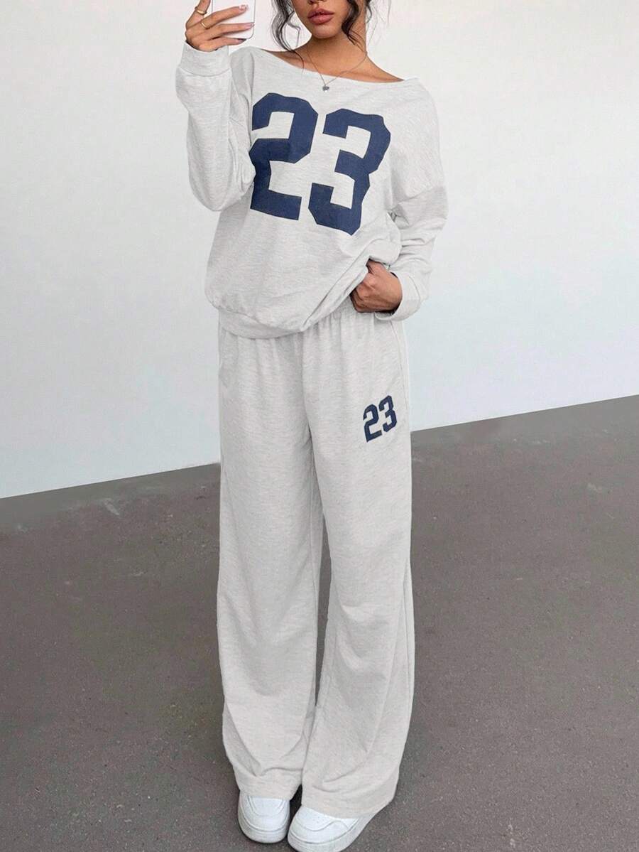 SHEIN 2pcs Tween Girls Numeric Print Loose Knit Sweatshirt Set, Casual Daily Versatile Fashion Mommy And Me Matching Outfits (2 Pieces Sold Separately) - Light Grey - View 1