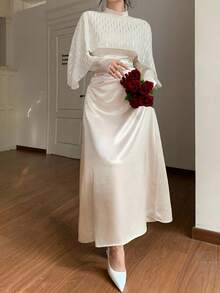 DAZY Women's Elegant Long Dress With Shiny Satin Waist Cinching, 2 In 1 - Beige - View 1