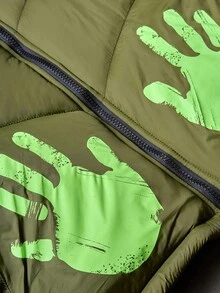 Manfinity Roghcode Men's Olive Green Winter Streetwear Zip-Up Hooded Long Sleeve Coat,Detachable Hood,Letter & Palm Print Design,Casual Work Outings,Autumn/Winter Gift - Green - View 6
