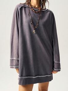 Bohemela Casual Solid Color Knit Round Neck Loose Mini Dress For Women - Grey - View 5