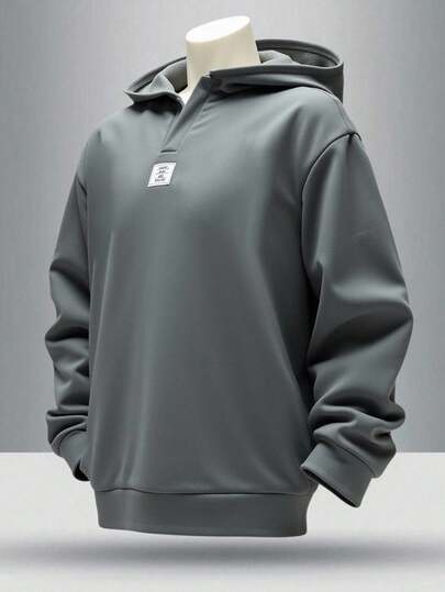 SHEIN Teen Boy Casual Street Detailed Logo Design Versatile Comfortable Solid Color Sweatshirt, Suitable For Commuting, School, Daily Casual, Travel, Sports, Party, Autumn/Winter Sweatshirts Grey Sweatshirt Boy Essentials Sweatshirt