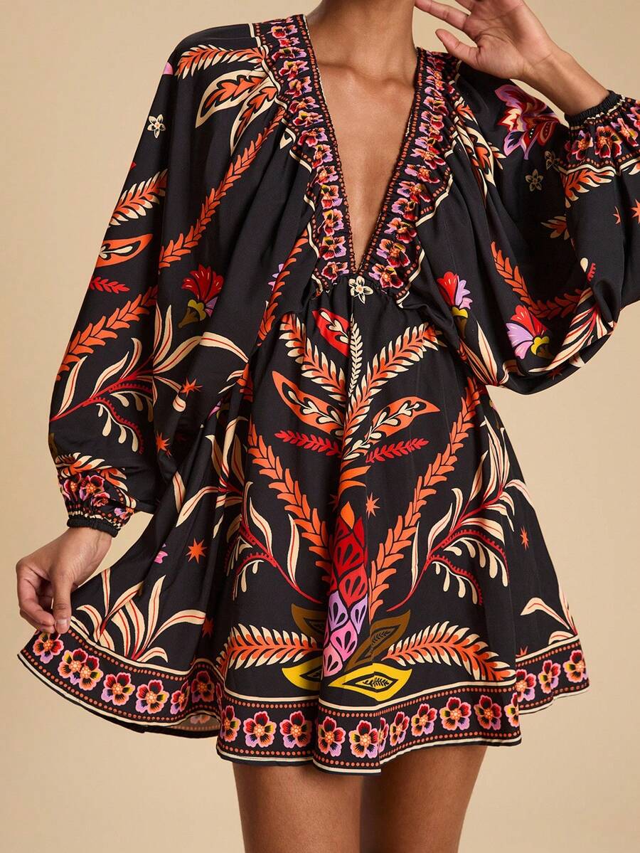 Travachic Lässiges Minikleid mit Pflanzendruck und Fledermausärmeln für den Urlaub, Boho-Kleid mit Paisley-Print und langen Ärmeln, Herbst-Winter-Damen, Neujahrs-Look, Thanksgiving-Outfits, elegante Kleider für Partys, luxuriöse Abendkleider für Hochzeiten - Verschiedenfarbig - Übersicht 1