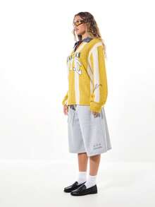 SUMWON WOMEN Downtown NYC Varsity Knit Sweater Letterman Collegiate Style Denim Collar Retro Classic Outerwear College Fashion Winter Fall