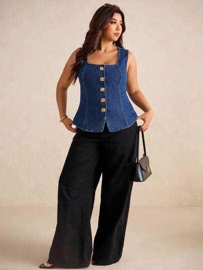 Elaquor Áo denim cổ vuông không tay màu xanh đậm cỡ lớn, trang trí khóa kim loại, phong cách Pháp thanh lịch, thoải mái, co giãn