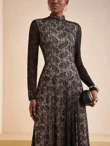 Zivah 2025 秋冬新款优雅性感气质黑色蕾丝透视长袖大A字女式长裙带衬里，适合音乐会服装、万圣节、商务休闲女装、教师服装、外出、婚礼宾客服装、生日派对、派对、教堂服装、女士早午餐服装、俱乐部服装女士性感、圣诞节-Z - 黑色 - 查看 4