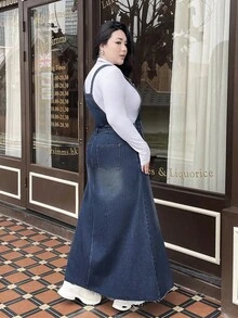 Rivivi Winter Outfit Plus Size Cowgirl Outfit, Blue Denim Sleeveless Jumpsuit, Fall Dresses - Dark Wash - View 2