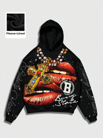 Street Life Herren Herbst/Winter Lippen- und Kreuz-Muster Lässig Thermofutter Kapuzenpullover