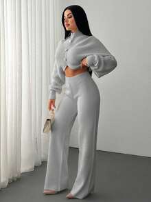 EURMUSE 2 Pieces Ribbed Knit Lounge Set Featuring Asymmetrical Sweater With Decorative Bow Accents And Matching High-Waisted Pants - Grey - View 4