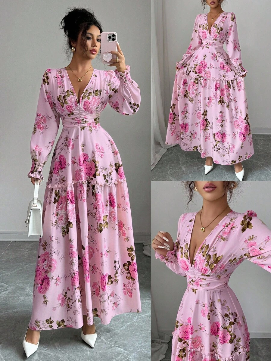 Elenzga Váy midi tay đèn lồng nhún bèo họa tiết hoa nhỏ xinh dành cho nữ, thiết kế lãng mạn kiểu Pháp, eo tôn dáng, cổ chữ V gợi cảm, đa năng cho các buổi hẹn hò, tiệc tùng, mặc nhiều lớp, mùa xuân/thu - Hồng - Xem 1