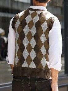 Manfinity Mode Men's Contrast Argyle Knit Sweater Vest, Fall/Winter - Multicolor - View 2