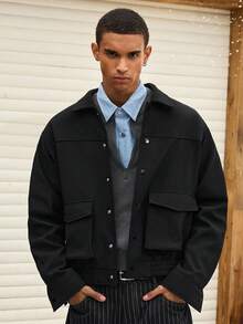 SWAVVY Men's Standard Size Woven Textured Fleece Jacket, Fashionable For Autumn/Winter - Black - View 3