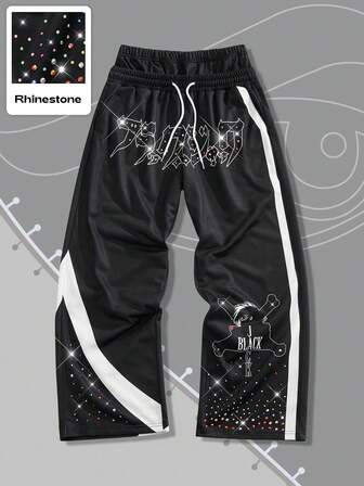 Black Jack X ROMWE Pantaloni della tuta casual da uomo con grafica a lettere e vita con coulisse