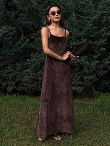 DAZY Velvet Floral Print Slip Dress, Straight Casual Dress For Women, Autumn/Winter Dress - Brown - View 5