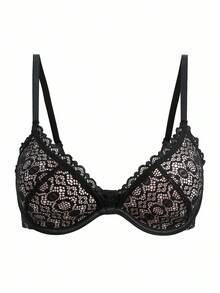 Women's Lace Patchwork Non-Removable Underwire Padded Bra, Sexy Lingerie - Black - View 4