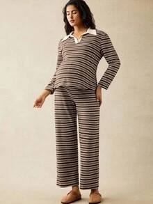 Boho Mama 2 件孕妇条纹 Polo 领长袖 T 恤和可调节腰围休闲裤 - 彩色 - 查看 5