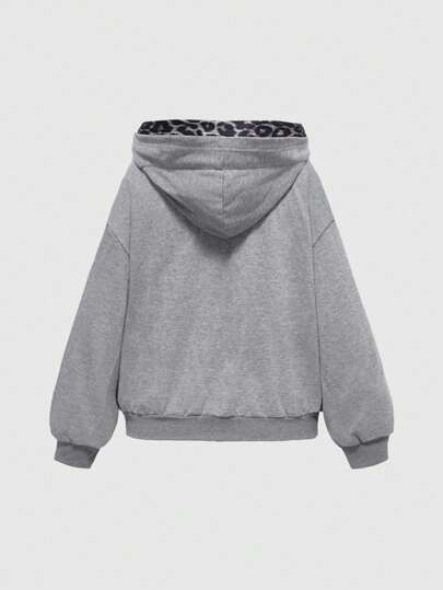 Goth Sudadera con capucha casual de manga larga con hombros caídos, estampado de leopardo y parches cruzados para mujer