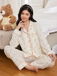 Teenager Mädchen Lässig Zuhause Süßer Blumen Muster Kontrast Farbe Knospe Rand Rüschen Zuhause Tragen Anzug, Blumen Muster Kontrast Einfassung Tasche Vorne Pyjama Set / Schlafanzug Set Feiertags Saison - Aprikosenfarben - Übersicht 9