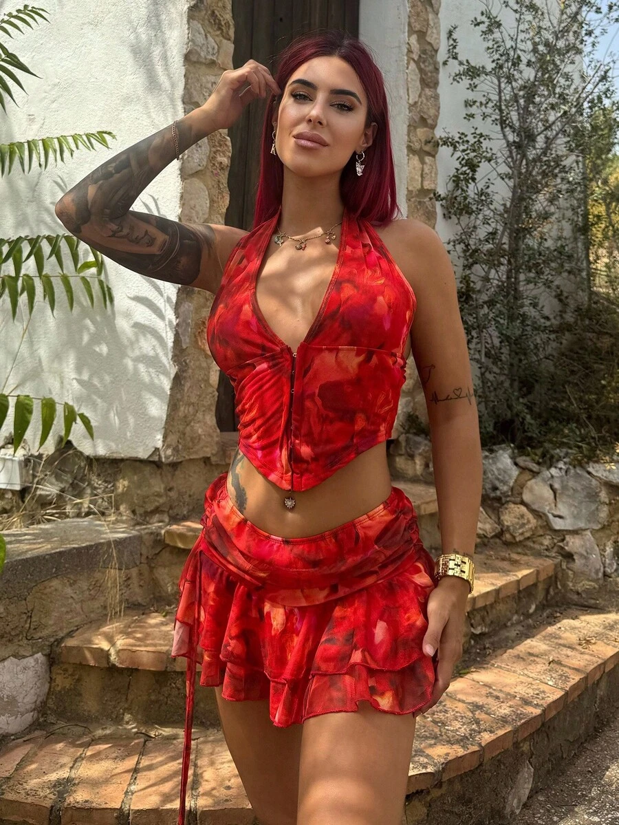 Bearsaez Conjunto de dos piezas para mujer para uso diario - Rojo - Ver 1