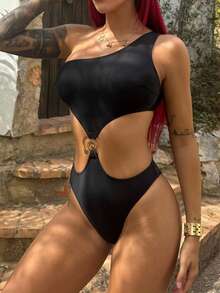 Bearsaez Traje de baño de una pieza para mujer con un hombro, cintura hueca y decoración de aro, de unicolor, para usar en la playa - Negro - Ver 4