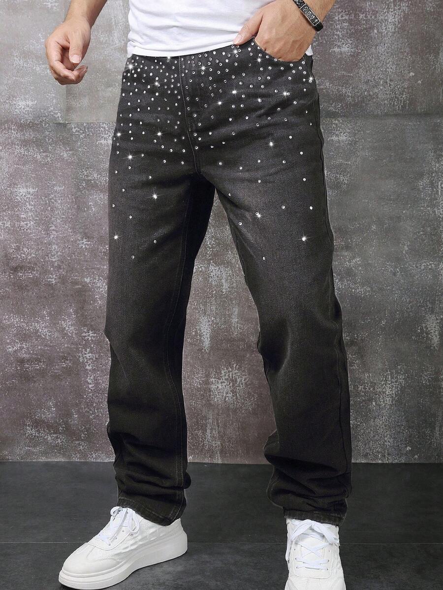 Manfinity Roghcode Men's Rhinestone Embellished Grey Denim Jeans Glitter Jeans Rhinestone Pants Men Sparkly Jeans, Perfect Holiday Gift For Boyfriend & Husband - Grey - View 1