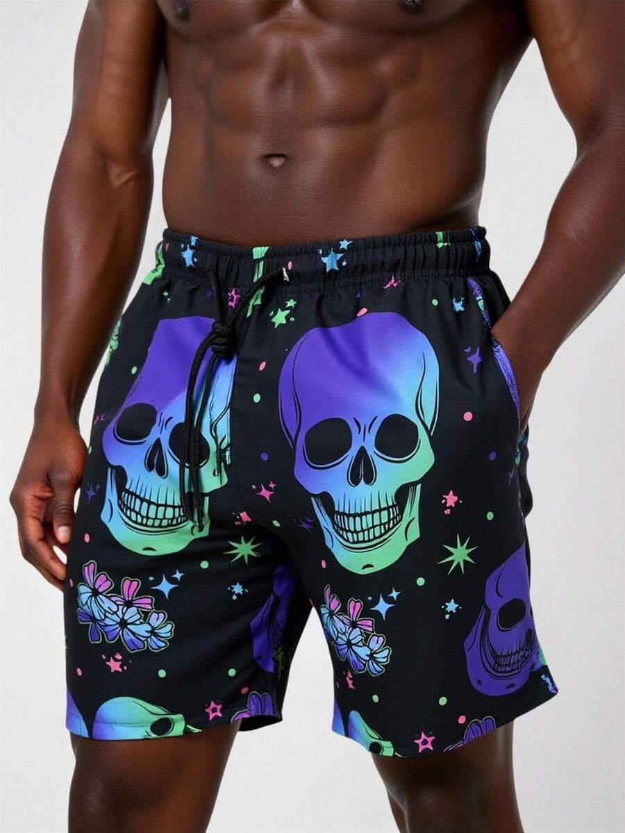 Manfinity KASUA Men's Summer Vacation Reflective Skull, Star, Floral Print Drawstring Waist Slant Pocket Beach Shorts