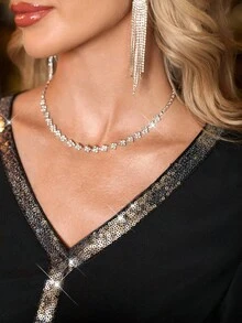 SHEIN Clasi Blusa elegante e ampia da donna con scollo a V, patchwork con paillettes, adatta per feste, raduni e varie occasioni come Ognissanti, Natale e Capodanno. Disponibile in nero con paillettes e brillantini, ideale per la stagione autunnale e invernale. - nero - Visualizzare 4