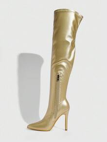 Daringsoles 女士弹力靴、细靴、尖头细高跟性感派对靴、过膝靴、PU 皮革棕色靴子、秋冬靴 - 金色 - 查看 8