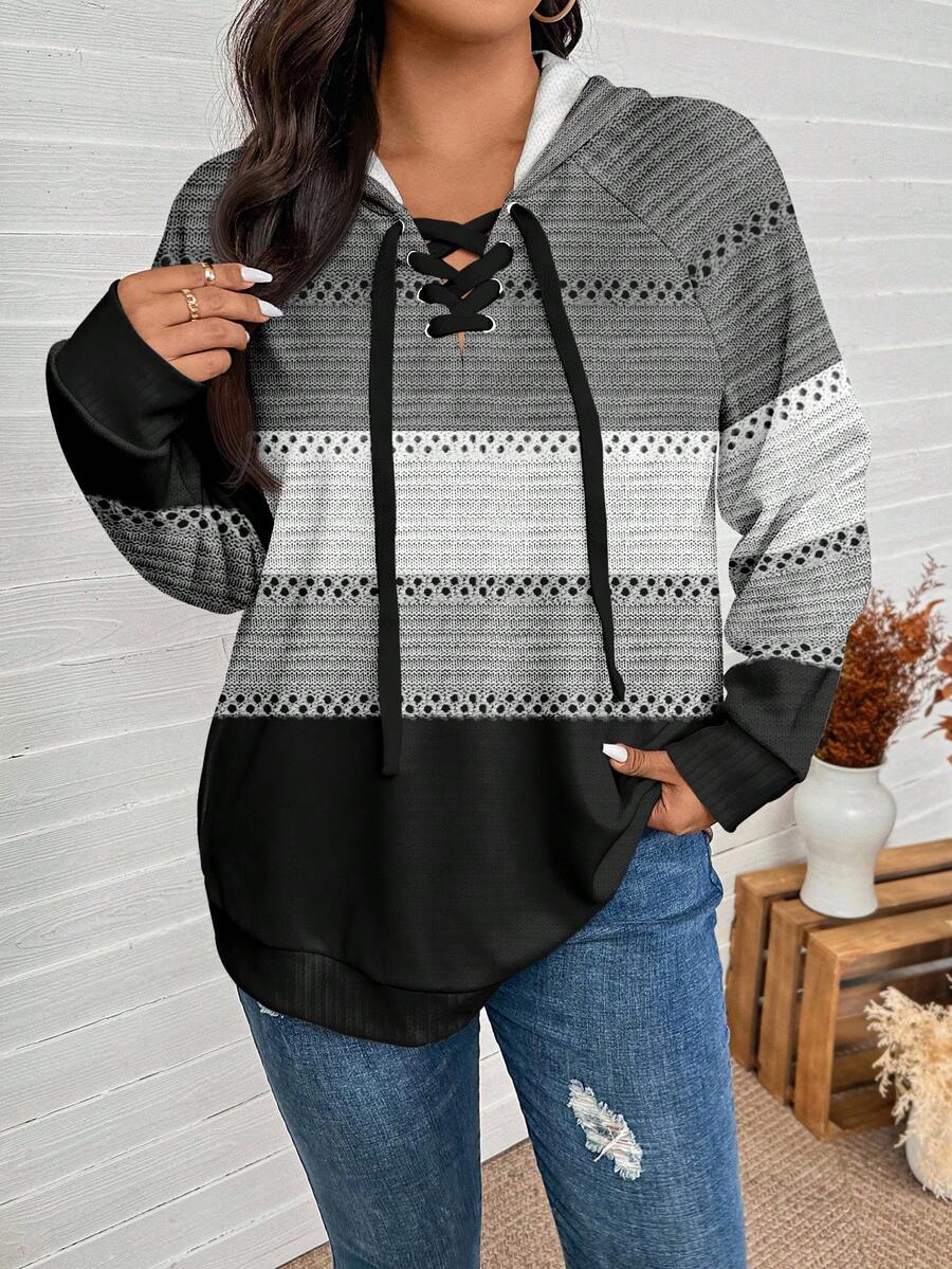 SHEIN LUNE 大码女款拼色抽绳连帽长袖运动衫秋冬装 - 彩色 - 查看 1