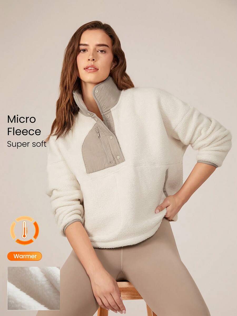 GLOWMODE Cozy Medium Polar Fleece Soft Warm Loose Adjustable Drawstring Hem Two-Tone Jacket Sweatshirt With Side Pockets Daily Casual Fall Winter - Beige - View 1