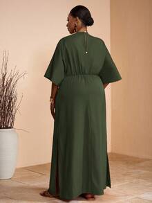 Veslaya 春夏新款度假休闲优雅派对日常修身纯色卡其色V领肩部系带腰部开衩下摆梭织纹理面料大码长裙 - 軍綠色 - 查看 2