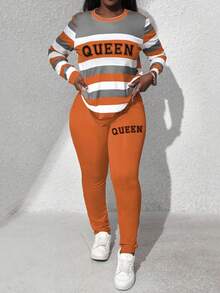 BamGleam Conjunto de 2 peças de blusa e calça de manga comprida com estampa de gola redonda listrada feminina, outono