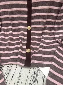 SHEIN Femmes Automne/Hiver Cardigan tricoté à col rond à manches longues avec décoration de boucle métallique, rayé, best-seller - Multicolore - Voir 6