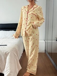Heart Striped Print Lapel Long Sleeve Top & Pants Pajama Set Heart Print Pajama Set Striped Pajama Set Vintage Pajama Set, Fall Winter Clothes - Yellow - View 4