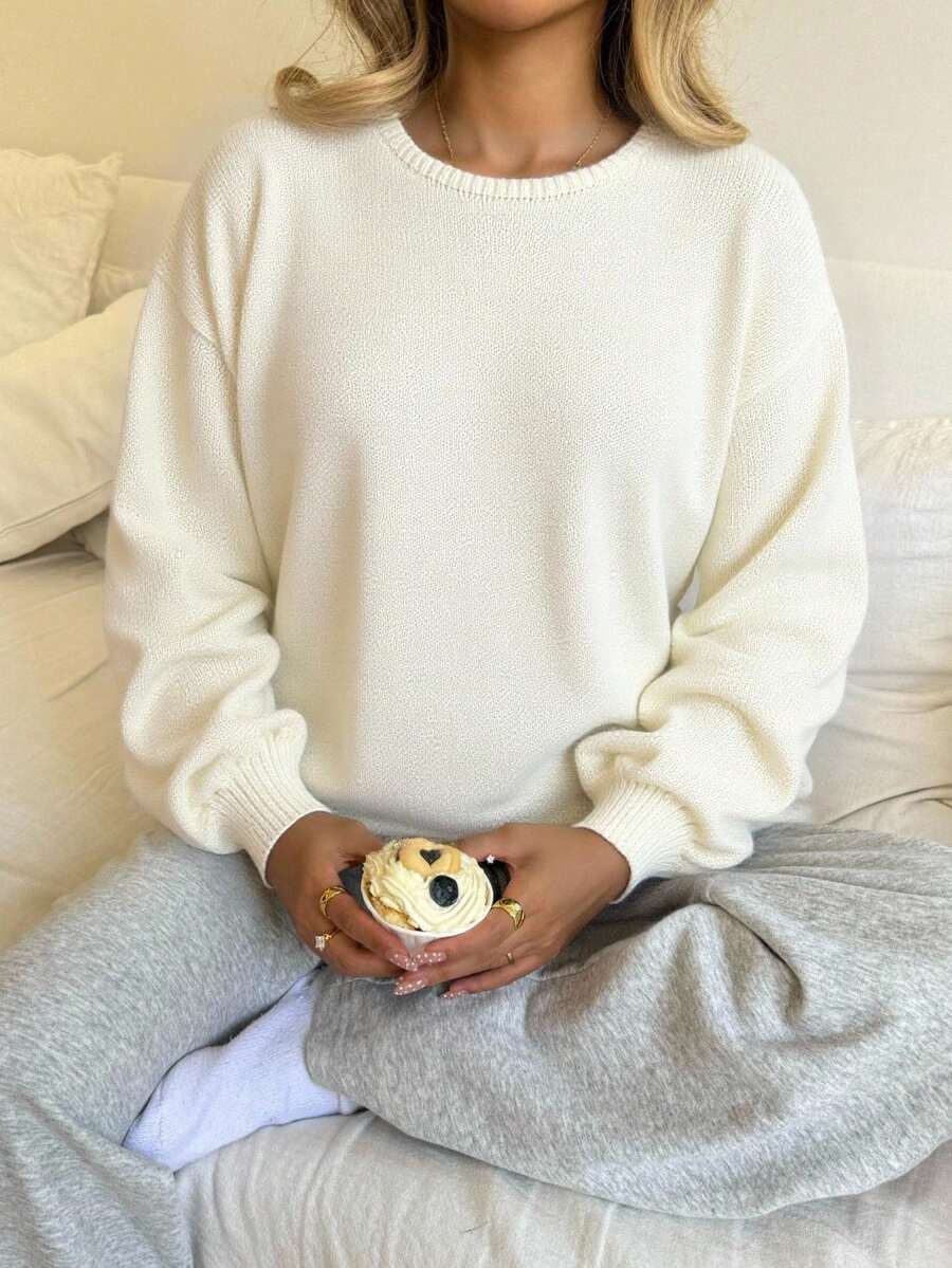 SHEIN 少女毛衣休闲灯笼袖短款女童纯色长袖毛衣,杏色毛衣,秋季毛衣,秋季女童毛衣,女童毛衣,秋季毛衣,秋季服装,外出, - 杏色 - 查看 1