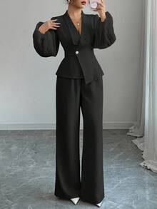 Elenzga 女士优雅百搭办公室通勤两件套，灯笼袖设计高端西装外套和裤子，杏色，秋冬 - 黑色 - 查看 4