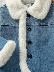 SHEIN Baby Mädchen Mode Jeans Thermofutter Kragen Langarm Jacke, stilvoller Alltags-Look, Outfit für Mädchen, geeignet für 3 Monate bis 3 Jahre alt, Herbst/Winter - marineblau - Übersicht 4