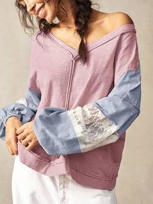 Bohemela Áo thun dài tay họa tiết ren rộng rãi, thoải mái dành cho nữ cỡ lớn - Hồng - Xem 3