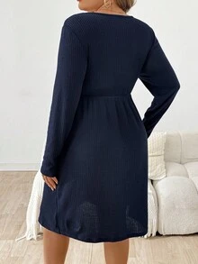 Plussiva Plus Size Maternity Casual Everyday Commute Simple Solid Color Ribbed Nursing Dress, Spring/Autumn - Blue - View 2