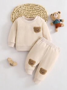 SHEIN 韓式可愛趣味新生兒卡通熊刺繡衛衣褲子兩件套黃色白色波點秋季嬰兒套裝 - 杏色 - 查看 3