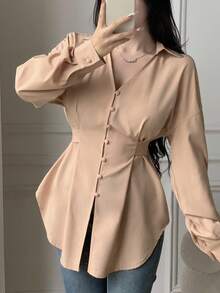 Celisse Camisa de manga larga con cintura ceñida de unicolor casual para mujer, otoño