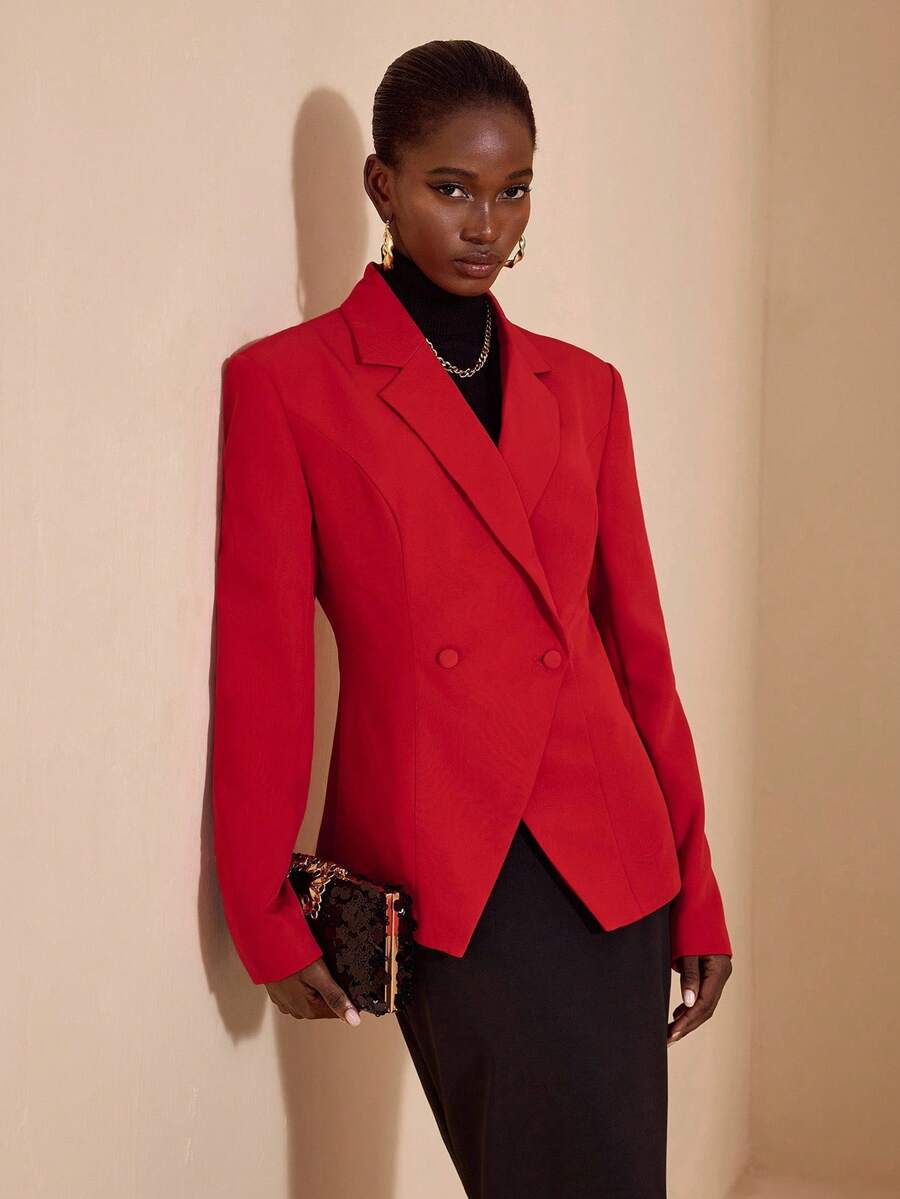 JIAN LASALA 翻领V领长袖修身红色西装外套，秋冬优雅休闲红色西装外套，女士红色套装，奢华时尚服装系列 - 紅色 - 查看 1
