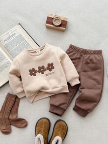 Blossori Bộ áo nỉ cổ tròn thêu hoa thanh lịch kiểu Pháp và quần dài cho bé gái - Nhiều màu - Xem 1