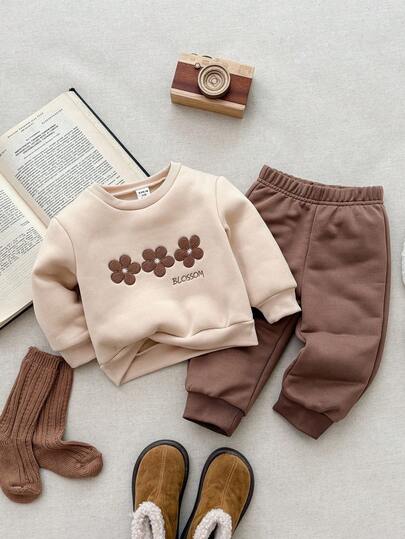 Blossori Conjunto de sudadera de cuello redondo y pantalones con bordado floral elegante francés para niñas bebé