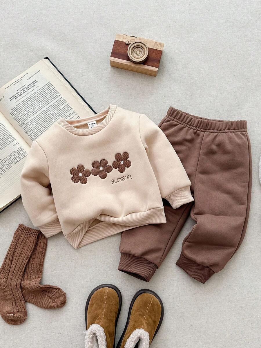 Blossori Bộ áo nỉ cổ tròn thêu hoa thanh lịch kiểu Pháp và quần dài cho bé gái - Nhiều màu - Xem 1